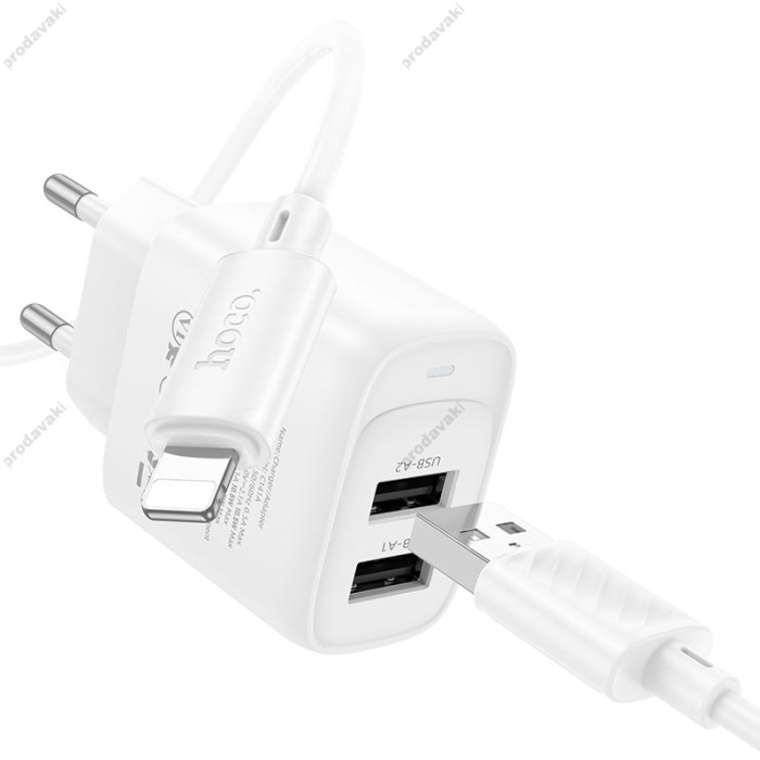 Мережевий зарядний пристрій HOCO C141A Smart dual-port charger Lightning cable 10.5W White
