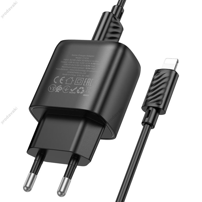 Мережевий зарядний пристрій HOCO C141A Smart dual-port charger Lightning cable 10.5W Black