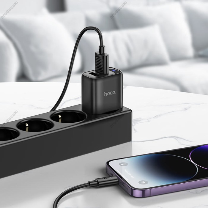 Мережевий зарядний пристрій HOCO C141A Smart dual-port charger Lightning cable 10.5W Black