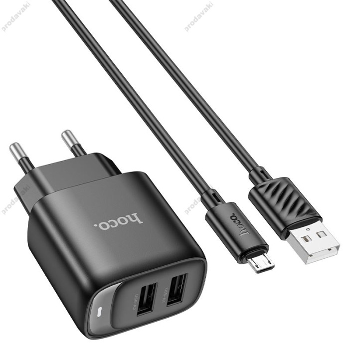Мережевий зарядний пристрій HOCO C141A Smart dual-port charger Micro USB cable 10.5W Black