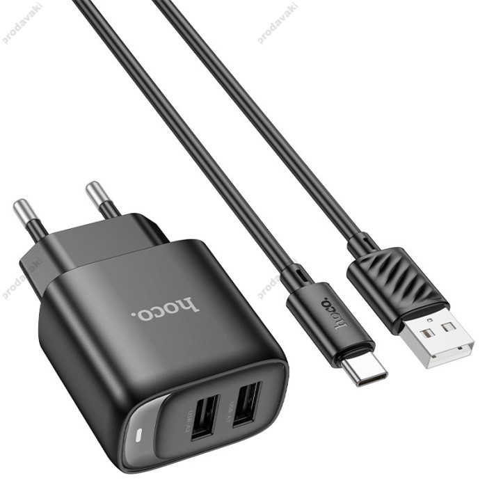 Мережевий зарядний пристрій HOCO C141A Smart dual-port charger Type-C cable 10.5W Black