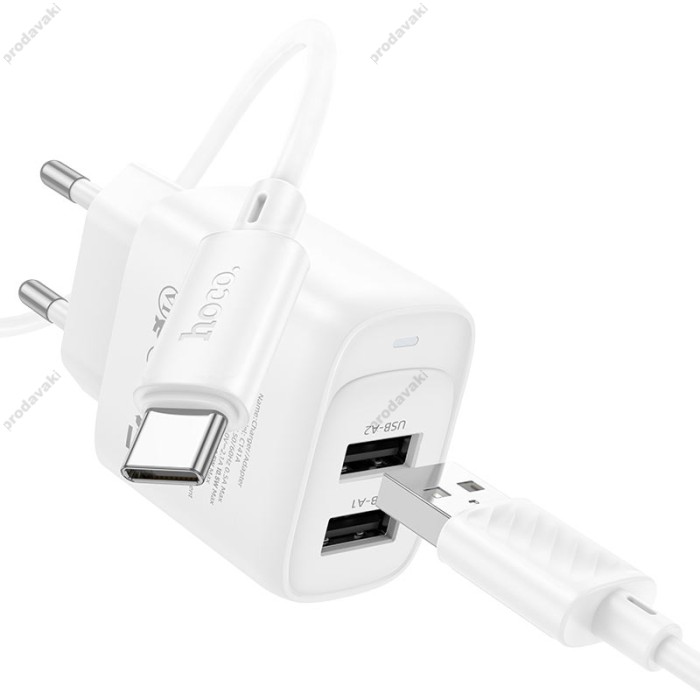 Мережевий зарядний пристрій HOCO C141A Smart dual-port charger Type-C cable 10.5W White