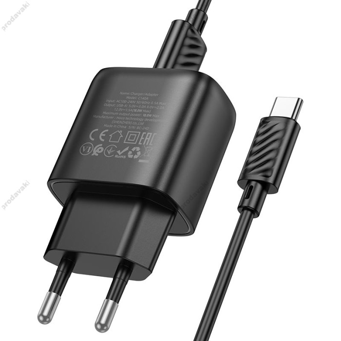 Мережевий зарядний пристрій Hoco C140A Smart single port charger Type-C cable 18W Black
