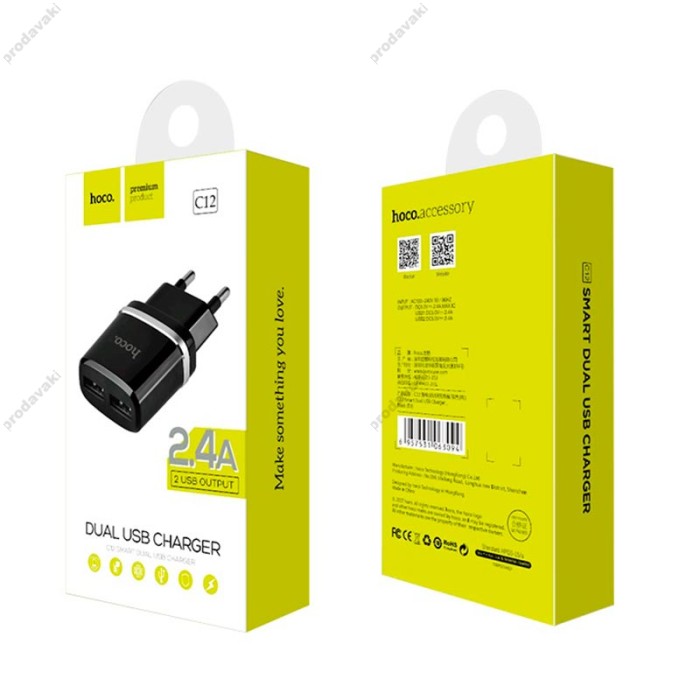 Мережевий зарядний пристрій Hoco C12 Smart Charger 12W Black