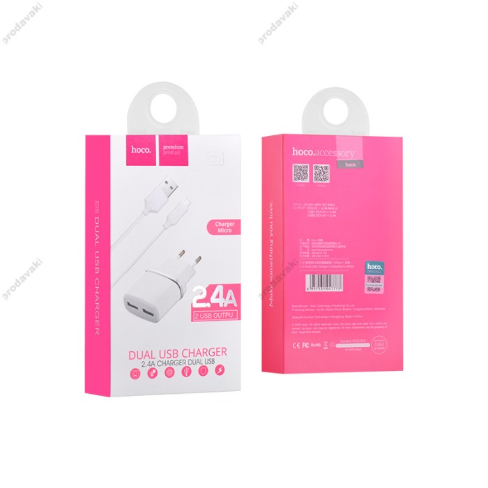 Мережевий зарядний пристрій Hoco C12 Smart Charger Micro cable 12W White