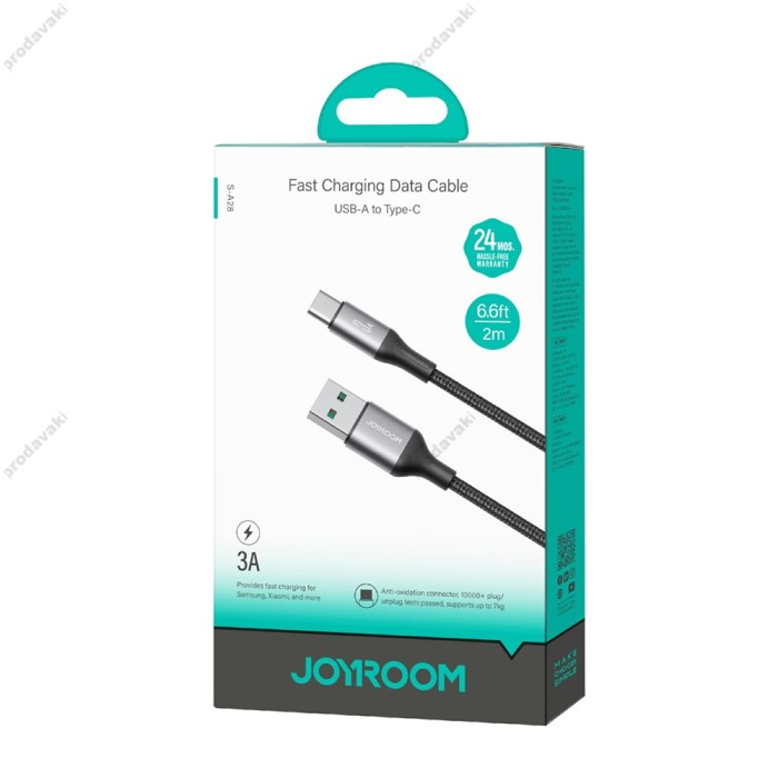 Кабель JoyRoom S-A28 Flash Fast charging data cable USB to Type-C 3A 2m Black