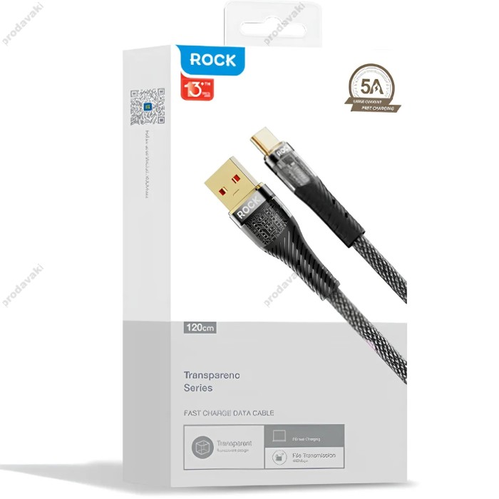 Кабель Rock Z21 Transparency Fast charging data cable USB to Type-C 100W 5A 1.2m Black