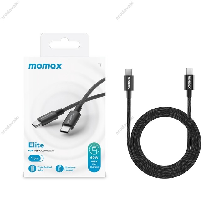 Кабель Momax DC30 Elite Nylon Cable Type-C to Type-C 60W 3A 1.5m Black