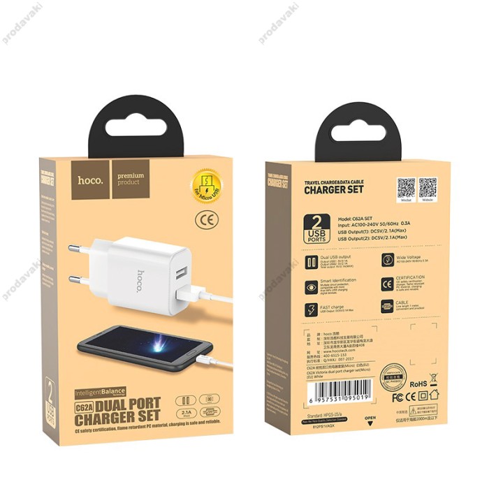 Мережевий зарядний пристрій Hoco C62A Victoria Micro cable 12W White