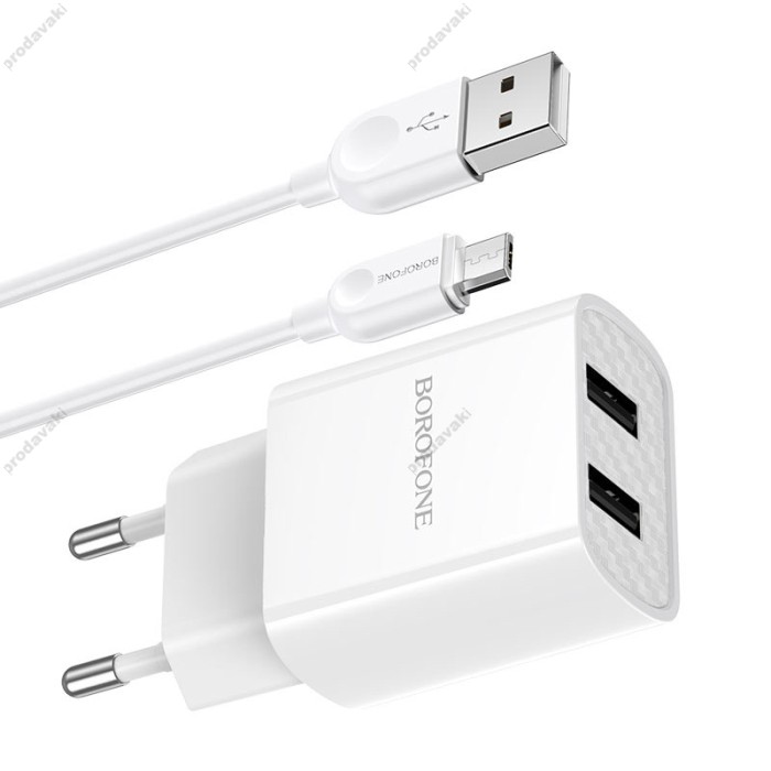 Мережевий зарядний пристрій BOROFONE BA53A Powerway dual port charger Type-C cable 10.5W White