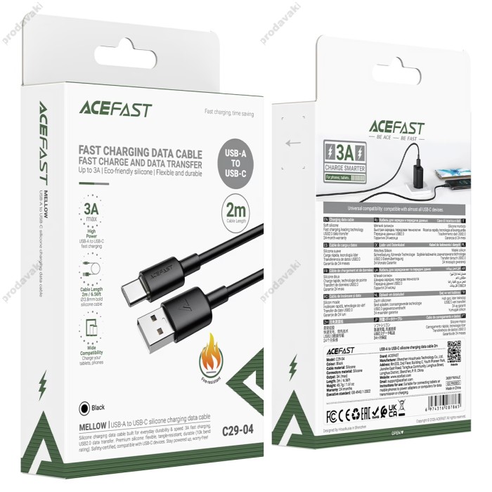 Кабель ACEFAST C29-04 silicone charging data cable USB to Type-C 3A 2m Black