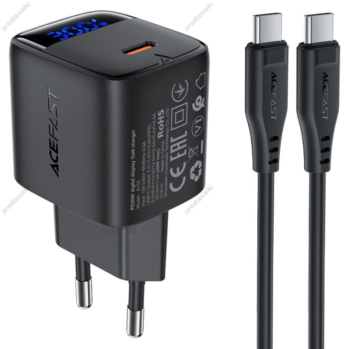Мережевий зарядний пристрій ACEFAST A115 Fast Charge Wall Charger Type-C cable 30W Black