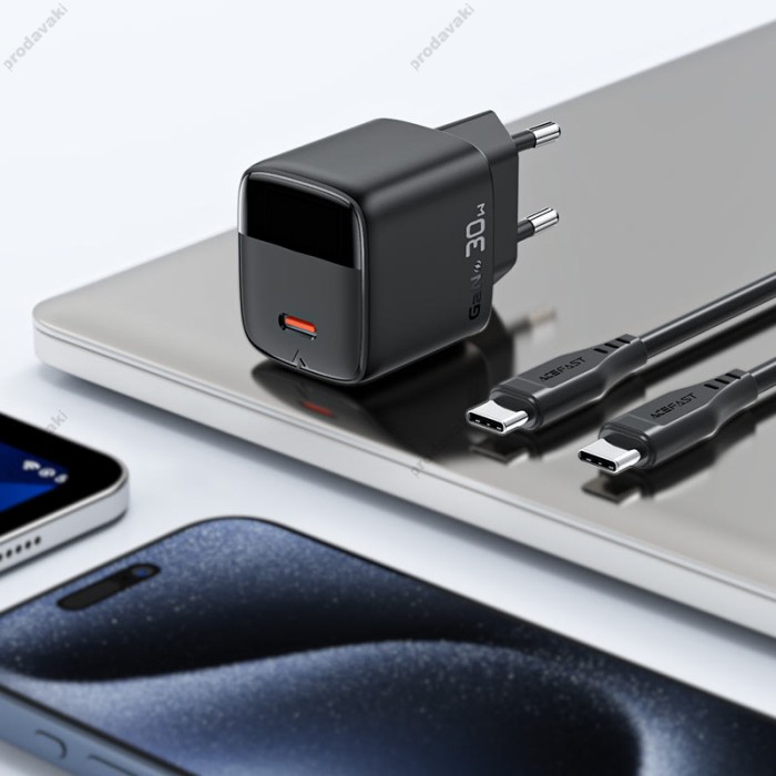 Мережевий зарядний пристрій ACEFAST A115 Fast Charge Wall Charger Type-C cable 30W Black