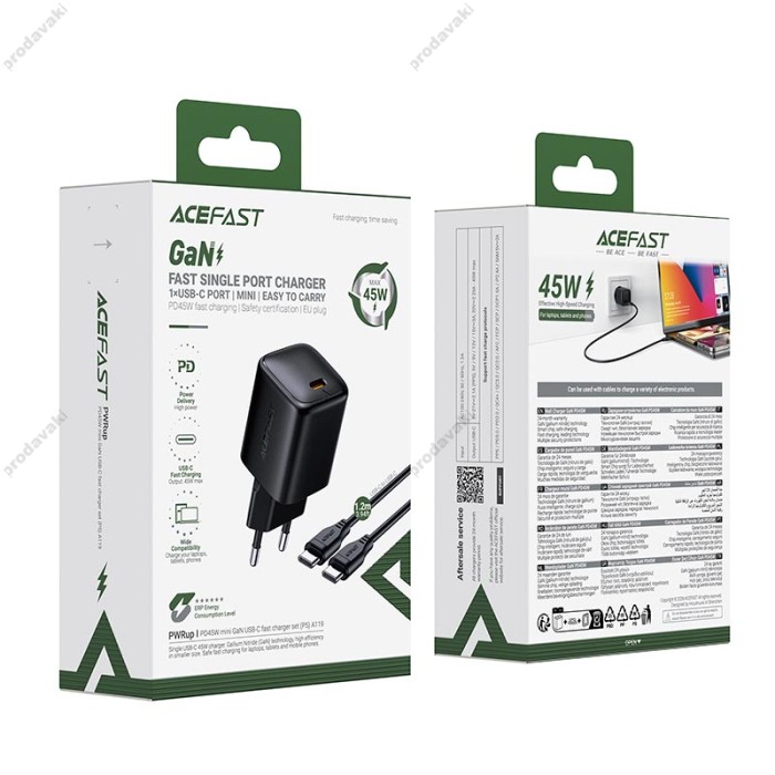 Мережевий зарядний пристрій ACEFAST A119 mini GaN fast charger Type-C cable 45W Black