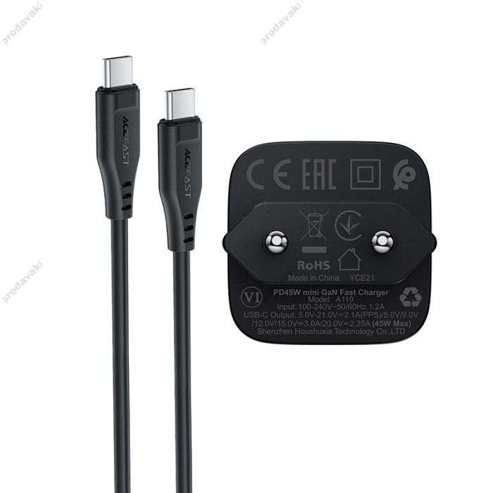 Мережевий зарядний пристрій ACEFAST A119 mini GaN fast charger Type-C cable 45W Black