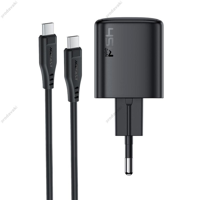 Мережевий зарядний пристрій ACEFAST A119 mini GaN fast charger Type-C cable 45W Black
