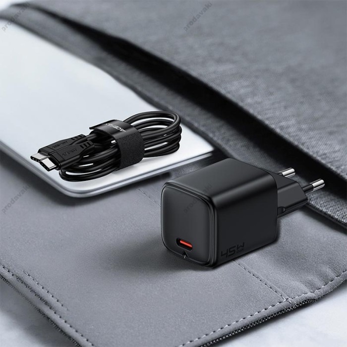 Мережевий зарядний пристрій ACEFAST A119 mini GaN fast charger Type-C cable 45W Black
