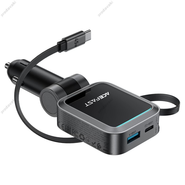 Автомобільний зарядний пристрій ACEFAST B26 car charger with telescopic cable 3A 60W Black