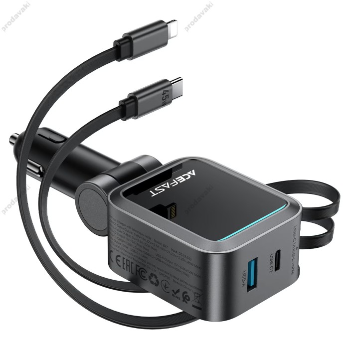Автомобільний зарядний пристрій ACEFAST B27 car charger with telescopic cable 3A 60W Black