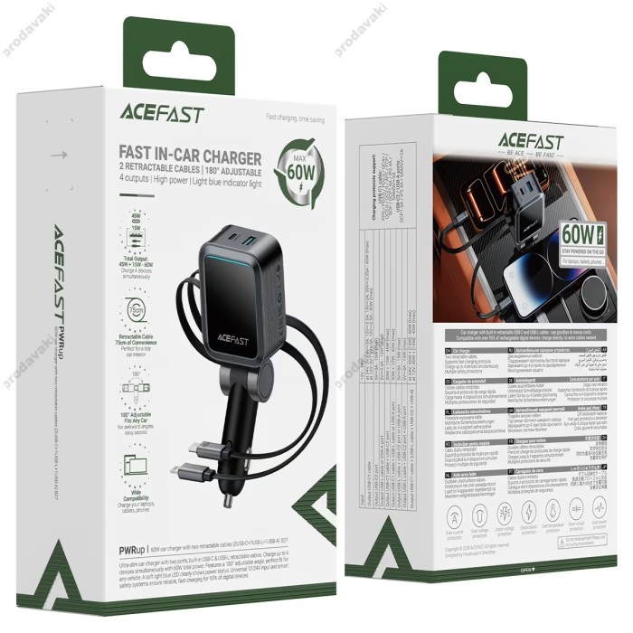 Автомобільний зарядний пристрій ACEFAST B27 car charger with telescopic cable 3A 60W Black