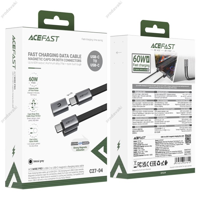 Кабель ACEFAST C27-04 magnetic charging data cable Type-C to Type-C 60W 3A 1.2m Black