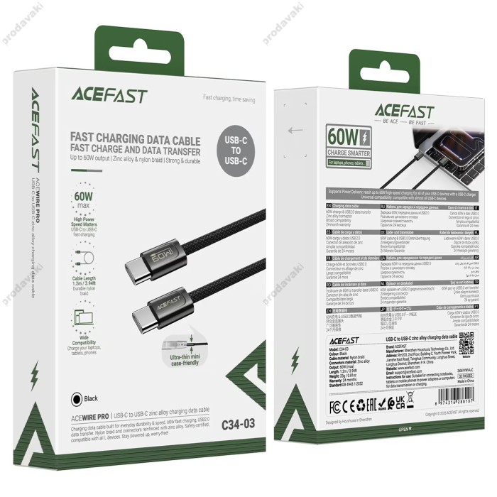 Кабель ACEFAST C34-03 zinc alloy charging data cable Type-C to Type-C 60W 3A 1.2m Black