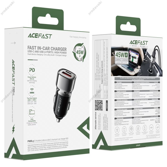 Автомобільний зарядний пристрій ACEFAST B20 PD dual port 3A 45W Grey