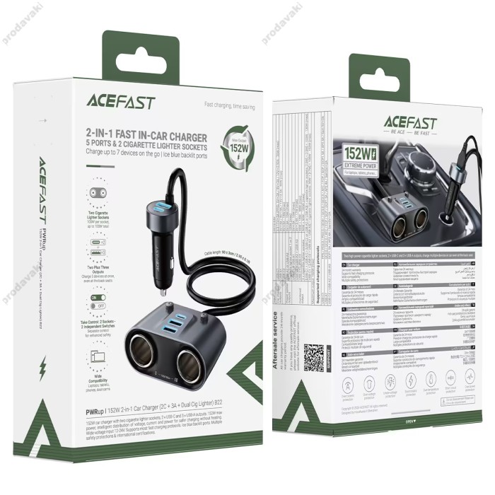 Автомобільний зарядний пристрій розгалужувач ACEFAST B22 2в1 Car Charger 152W Grey