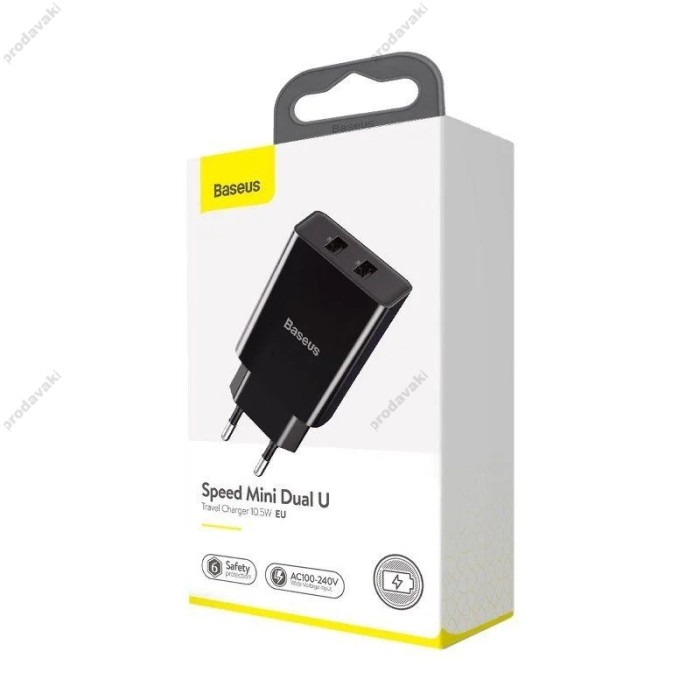 Мережевий зарядний пристрій Baseus Speed Mini Dual U Charger 10.5W Black CCFS-R01