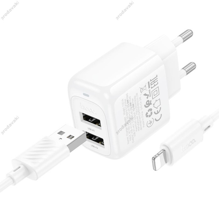 Мережевий зарядний пристрій Hoco CS51A Surplus dual port charger Lightning cable 12W White