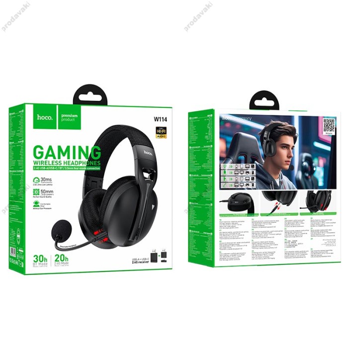 Бездротові Bluetooth навушники HOCO W114 Magic four-mode gaming BT 5.4/2.4G/3.5mm Black