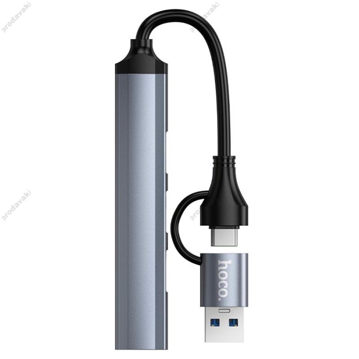 USB-Хаб HOCO HB26 Multifunction Adapter 4в1 Type-C/USB to USB3.0+3xUSB 2.0 Metal grey
