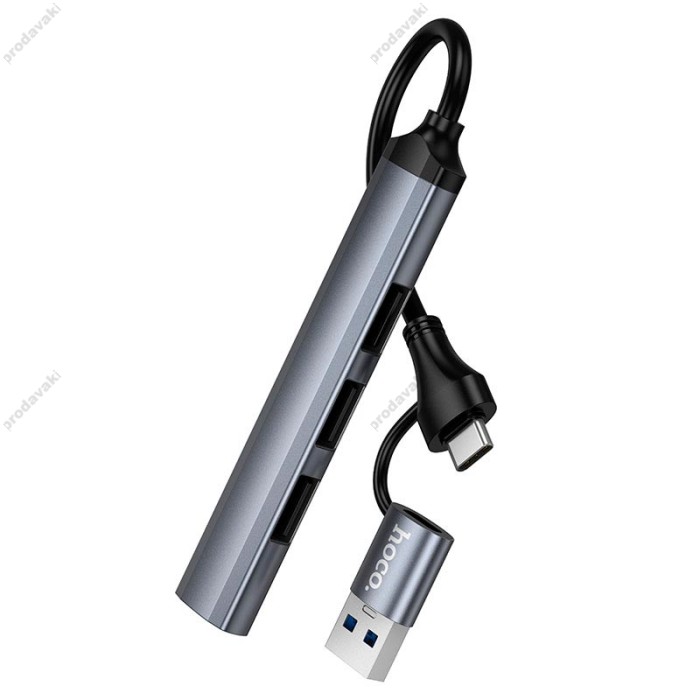 USB-Хаб HOCO HB26 Multifunction Adapter 4в1 Type-C/USB to USB3.0+3xUSB 2.0 Metal grey