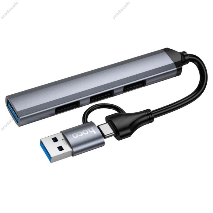 USB-Хаб HOCO HB26 Multifunction Adapter 4в1 Type-C/USB to USB3.0+3xUSB 2.0 Metal grey