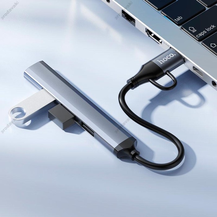 USB-Хаб HOCO HB26 Multifunction Adapter 4в1 Type-C/USB to USB3.0+3xUSB 2.0 Metal grey