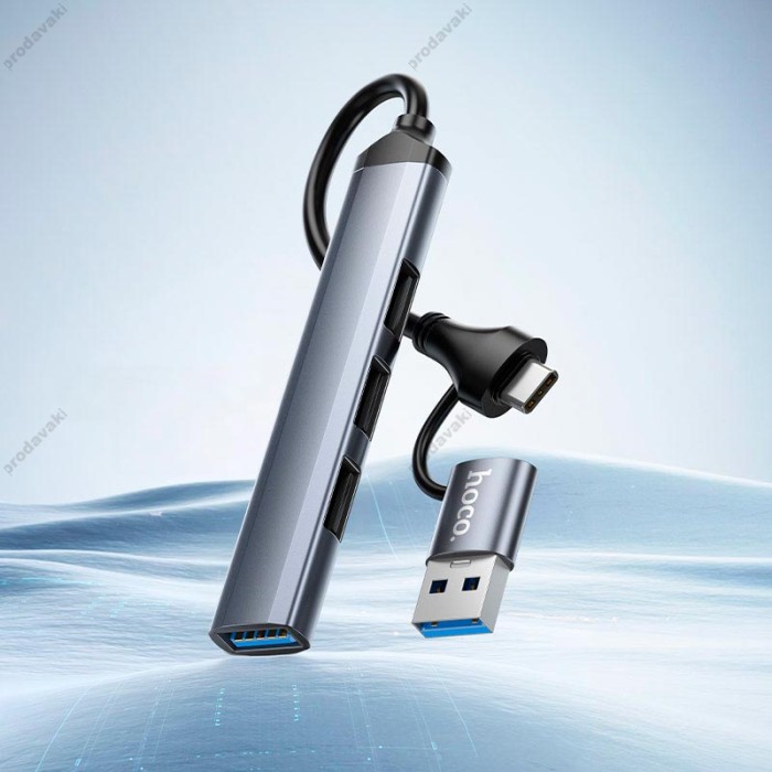 USB-Хаб HOCO HB26 Multifunction Adapter 4в1 Type-C/USB to USB3.0+3xUSB 2.0 Metal grey