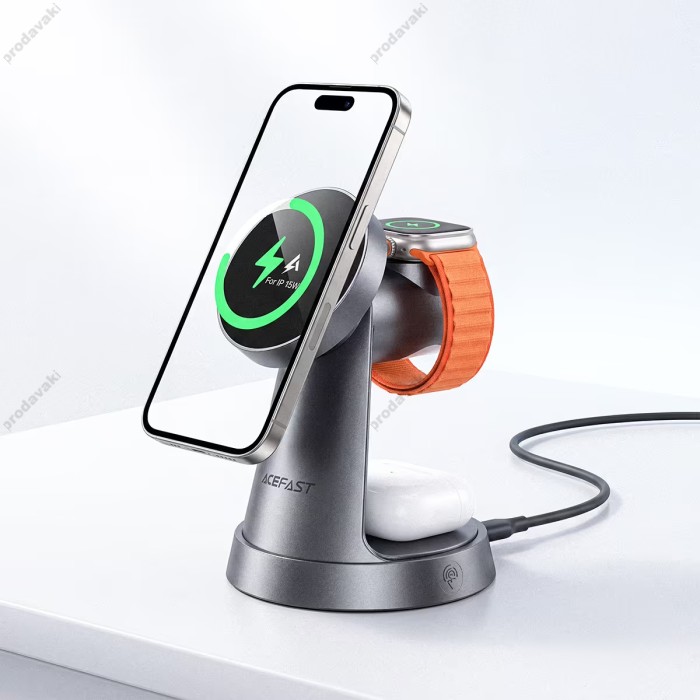 Бездротова зарядка ACEFAST E48 3in1 wireless charging desktop stand 15W Grey