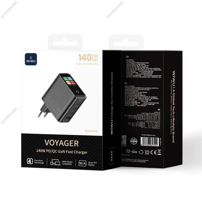 Мережевий зарядний пристрій Wiwu Wi-G028 GaN Voyager Intelligent Display Wall Charger 140W Black