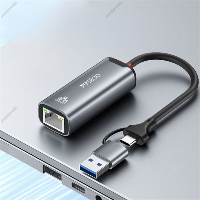 Мережевий адаптер Yesido HB26 Type-C/USB to RJ45 1000 Mbps 0.21m Grey