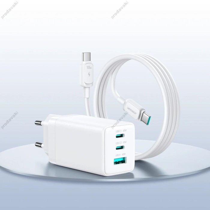 Мережевий зарядний пристрій JoyRoom JR-TG10 GaN Three-Port Type-C cable 65W White
