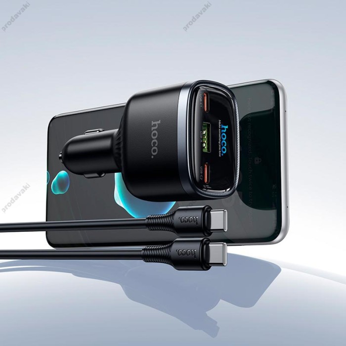 Автомобільний зарядний пристрій HOCO Z70 Speed car charger with TFT display Type-C Cable 93W Black