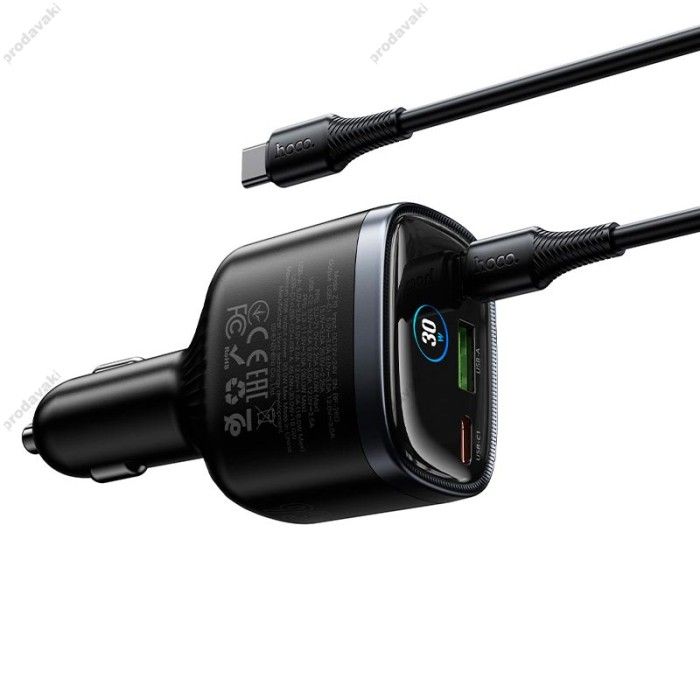 Автомобільний зарядний пристрій HOCO Z70 Speed car charger with TFT display Type-C Cable 93W Black