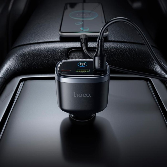 Автомобільний зарядний пристрій HOCO Z70 Speed car charger with TFT display Type-C Cable 93W Black