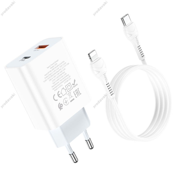 Мережевий зарядний пристрій HOCO C97A dual port charger Lightning cable 20W White