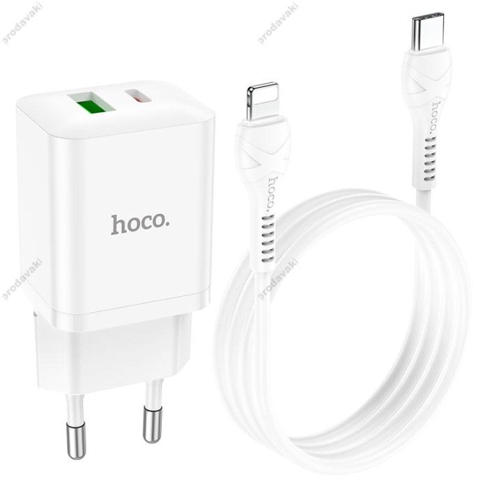 Мережевий зарядний пристрій HOCO N28 Founder dual port charger Lightning cable 20W White