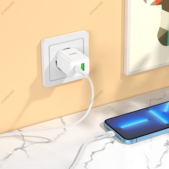 Мережевий зарядний пристрій HOCO N28 Founder dual port charger Lightning cable 20W White