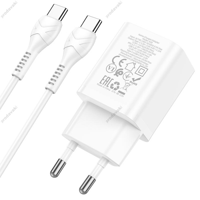 Мережевий зарядний пристрій HOCO N28 Founder dual port charger Type-C cable 20W White