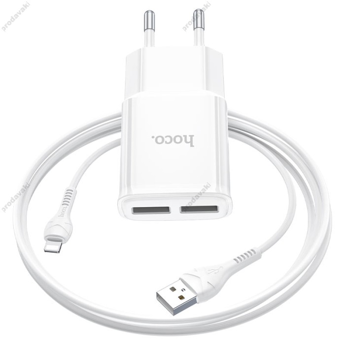 Мережевий зарядний пристрій HOCO C88A Star round dual port charger Lightning cable 12W White