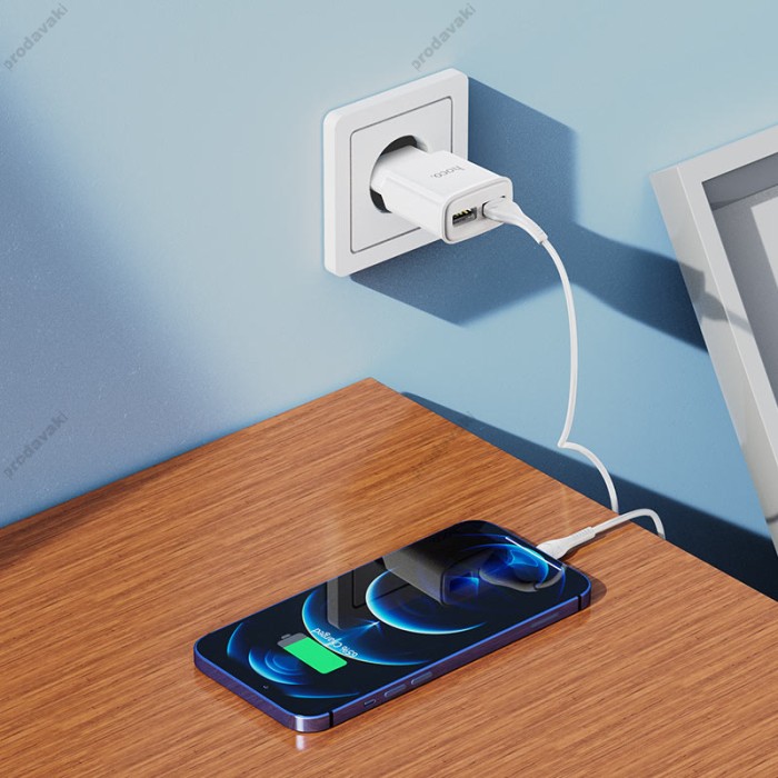 Мережевий зарядний пристрій HOCO C88A Star round dual port charger Lightning cable 12W White