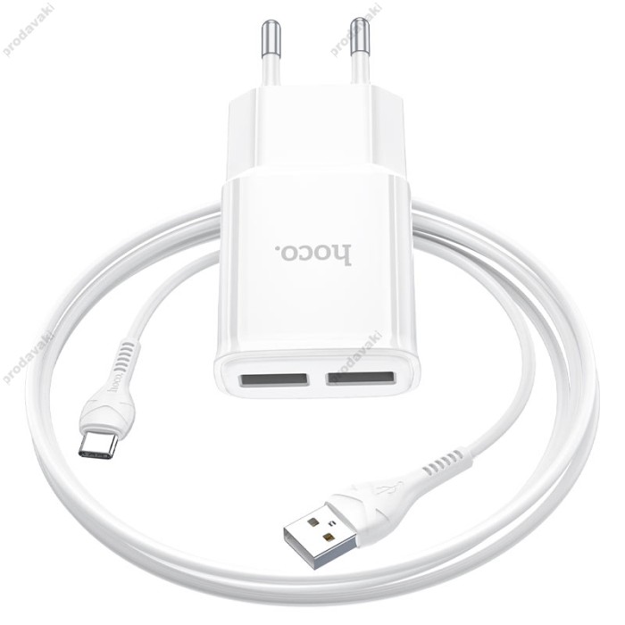 Мережевий зарядний пристрій HOCO C88A Star round dual port charger Type-C cable 12W White